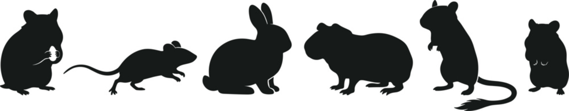 Small Pet Rodent and Rabbit Silhouette Icon Set Featuring Hamster, Mouse, Guinea Pig, Jerboa, and Bunny for Domestic Animal Designs