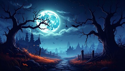 Fototapeta premium Halloween night background with pumpkins under full moon and starry sky landscape with tree silhouettes dark fantasy vector illustration