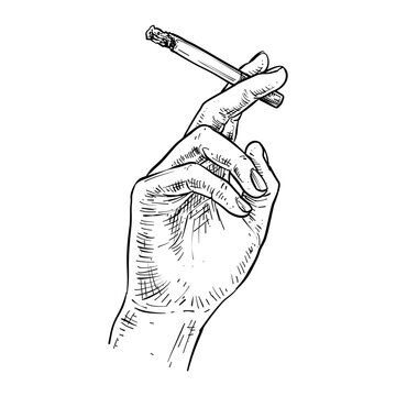 hand holding a lit cigarette vector line art hand drawn illustration