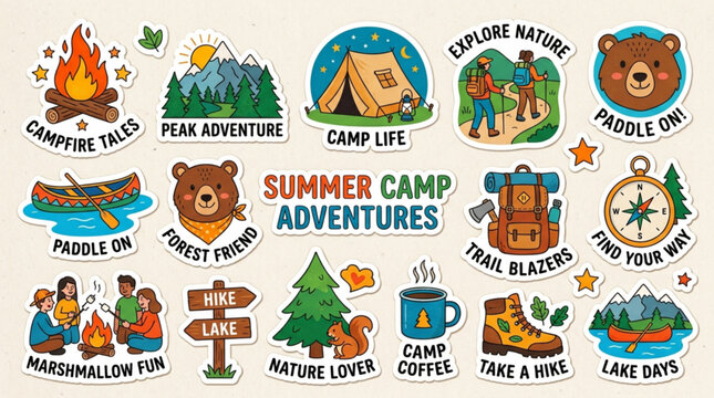 Summer camp adventures, outdoor fun, camping icons, stickers, illustrations, vector graphics
