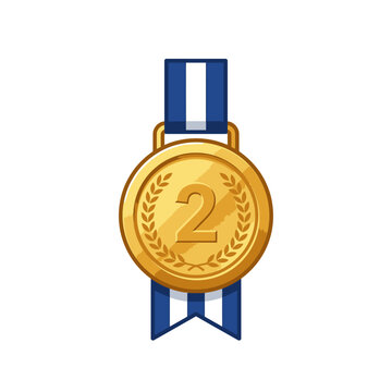 Gold 2nd place medal on blue ribbon.