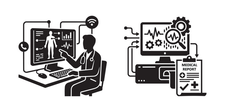 Medical professional analyzing patient health data on computer screen and creating a digital clinical report document