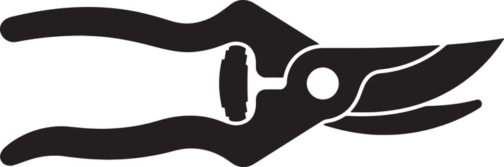 Black and white silhouette of garden pruning shears, side view of handheld secateurs with curved handles and sharp cutting blades also transparent background © Pixel With MH
