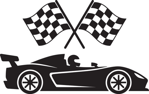 Black and white of a racing car with a driver and two crossed checkered finish flags above, isolated on a white background, also transparent background