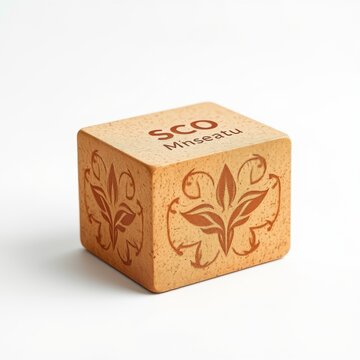 Light brown cube displays text, floral designs. Minimalist aesthetic, clean background, studio lighting. Product shot, branding element.