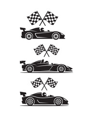 Naklejka premium Set of three black silhouette featuring side views of race cars with drivers and crossed checkered finish line flags above each vehicle also transparent background