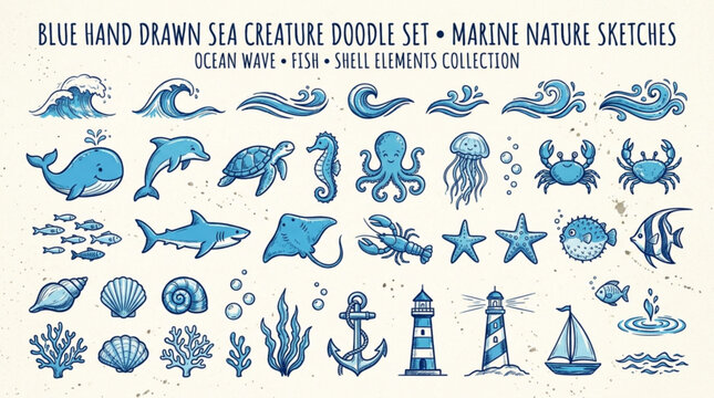 Hand drawn sea creature doodle set, marine nature sketches, ocean wave elements, fish shell collection
