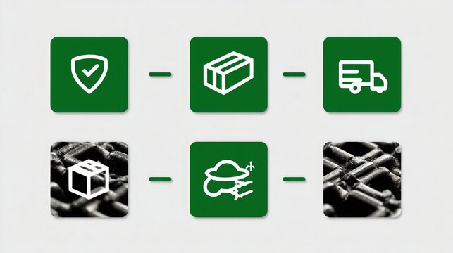 Supply chain transparency icons symbolizing traceability, real-time tracking, and blockchain-verified product authenticity for ethical and compliant sourcing