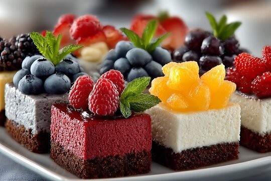 Assorted mini cheesecakes topped with fresh berries and fruit slices, served on a white plate for dessert or celebration