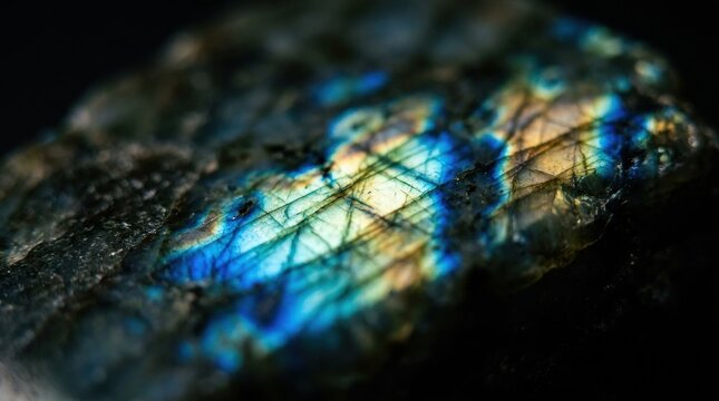 Labradorite Crystal Macro: A mesmerizing macro shot of a labradorite crystal, revealing its intricate crystalline structure and vibrant iridescent flashes of blue and yellow.
