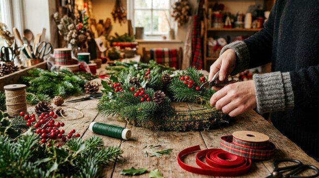 Making Traditional Christmas Wreath At Home