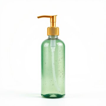 Green liquid soap dispenser. Gold pump atop clear bottle. Simple studio shot, clean background, product presentation.