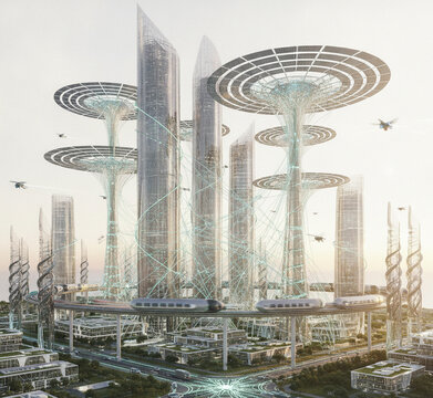 Visionary eco urban landscape with hyperloop pods and carbon neutral towers