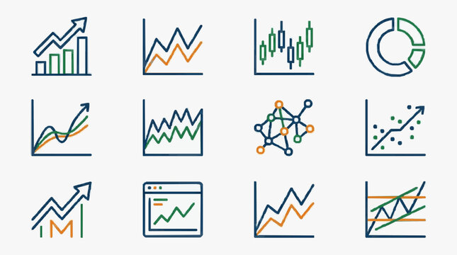 Elegant Colorful Infographic Icons Showing Financial Charts Graphs and Data Visualization Trends with Green Blue and Orange Lines