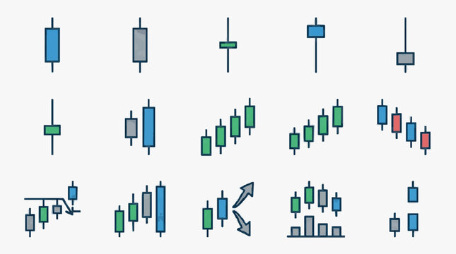 Creative Candlestick Chart Patterns Guide with Colorful Visual Examples for Trading Analysis with high quality professional line art symbols for modern creative design and digital branding projects