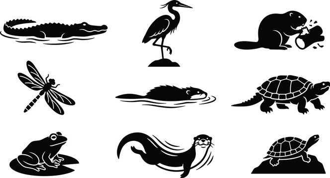 Wetland and Swamp Wildlife Animal Black Silhouette Icon Set Featuring Alligator, Heron, Beaver, Otter, Turtle, Frog, and Dragonfly Designs