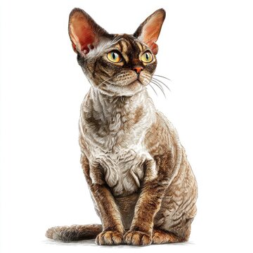 Detailed Pointillist Illustration Of A Brown Devon Rex Cat Sitting Upright On A White Background
