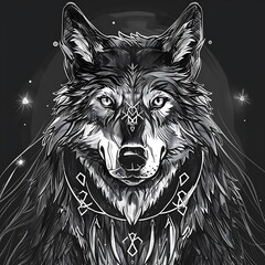 Obraz premium Mystical wolf portrait with symbolic runes and glowing patterns on a dark background