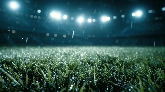 Rain falling on wet soccer stadium grass under bright lights at night