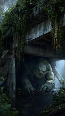 Giant Stone Troll Lurking Beneath an Ancient Wooden Bridge in a Misty Enchanted Forest © Ethan