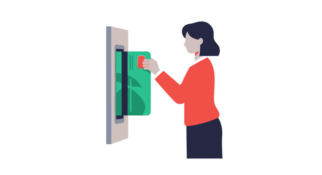 Woman using ATM machine for cash withdrawal.