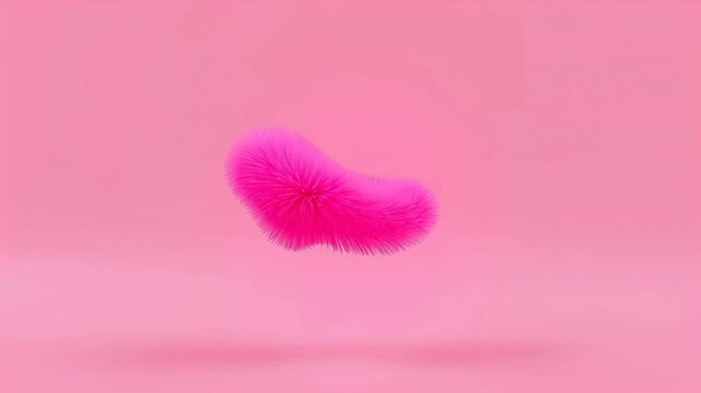 Pink fluffy object transforms from a spherical shape to an elongated form against a soft pink background, showcasing a smooth transition in appearance and texture
