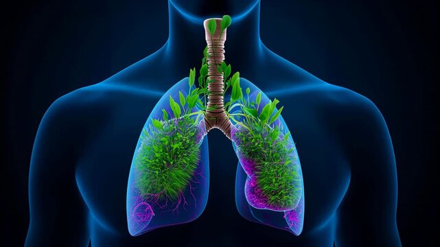 Lungs filled with vibrant green plants and roots, showcasing a transition from initial growth to fuller development against a dark background