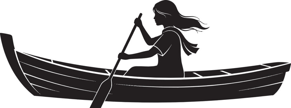 Silhouette of a young woman rowing a small wooden boat with an oar isolated on transparent background, Vector