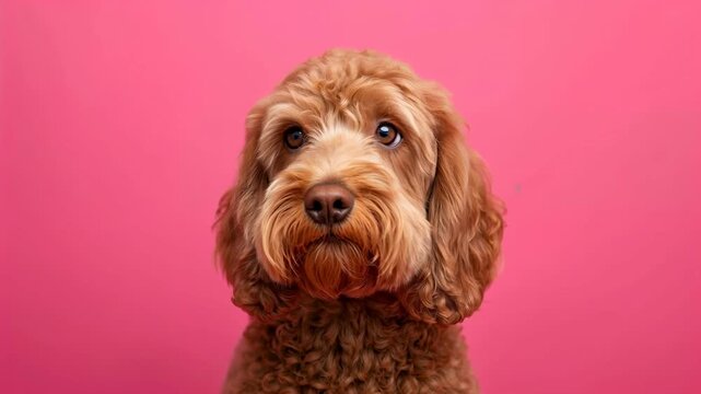 Brown curly-haired dog with expressive eyes poses against a vibrant pink background, showcasing a series of charming facial expressions in three sequential frames