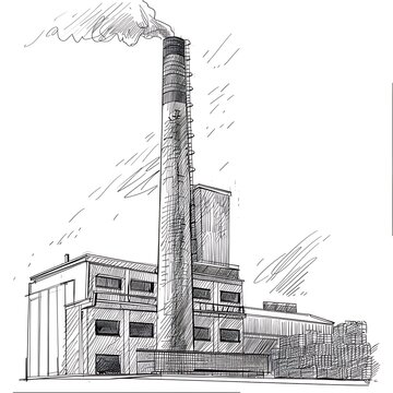Pencil sketch of an industrial factory building with a tall chimney emitting smoke