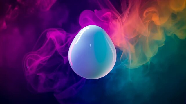 Golf ball transitions through colorful smoke, morphing into a glossy egg shape, showcasing a dynamic visual transformation in a vibrant, abstract setting