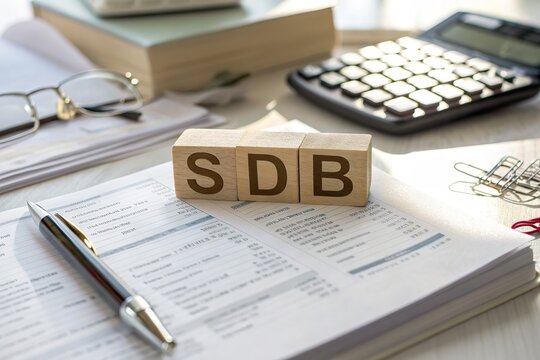 Wooden blocks spelling SDB on a desk surrounded by papers, a calculator, and glasses in a workspace