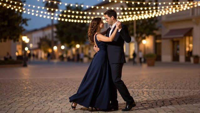 An elegant couple dances the tango on a cobblestone street under warm string lights. The woman wears a flowing navy gown, and the man is in a dark suit.