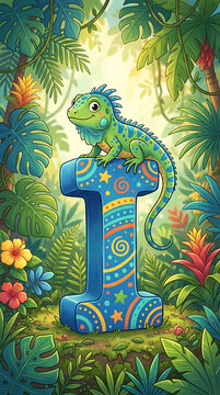 Friendly green iguana sitting on decorated capital letter i with alphabet