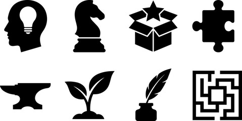 Business Strategy and Creativity Icon Set with Chess Knight Lightbulb Puzzle Piece and Growth Sprout © Utpal