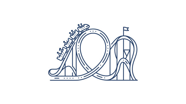 Minimalist blue line art illustration of an amusement park roller coaster with loop