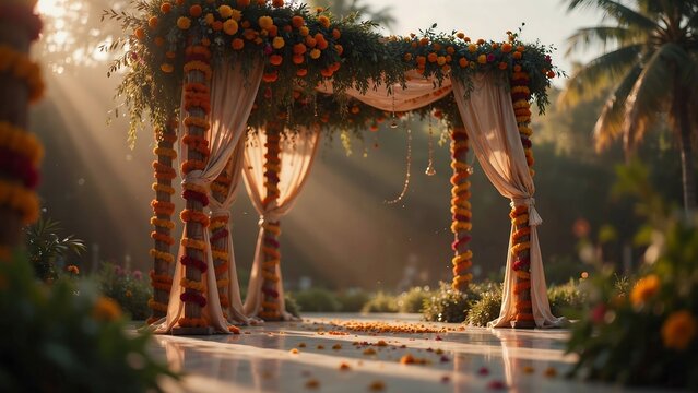 Luxury Outdoor Wedding Mandap Floral Arch with Marigold Garlands, Romantic Ceremony Stage in Sunlight Rays Copy Space