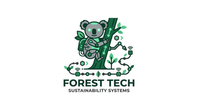 Eco-friendly Forest Tech logo featuring a digital koala climbing.