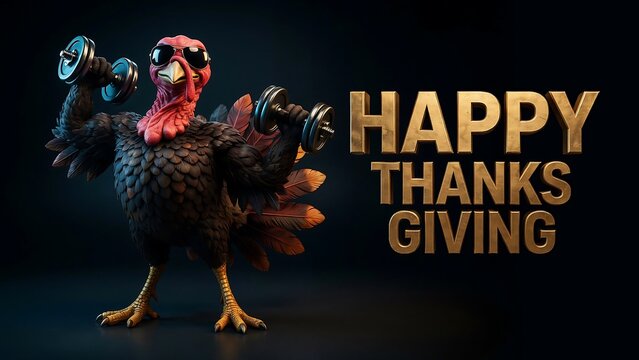3D Turkey Bodybuilder Lifting Dumbbells Wearing Sunglasses, Happy Thanksgiving Holiday Concept with Gold Text Design