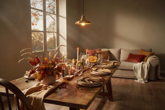 Cozy Autumn Thanksgiving Dinner Table Setup with Elegant Home Interior, Candlelight, Wine Glasses and Warm Seasonal Decor