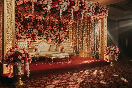 Luxurious Royal Wedding Stage Decoration with Gold Sofa, Floral Wall and Elegant Red Carpet Setup
