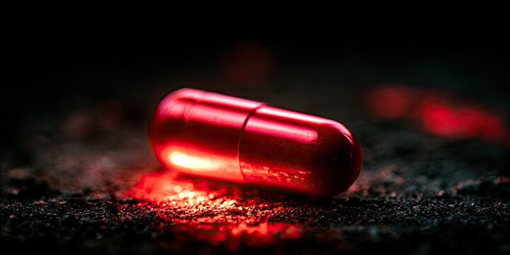 A single red capsule lies on a dark, textured surface, illuminated by a dramatic red glow.
