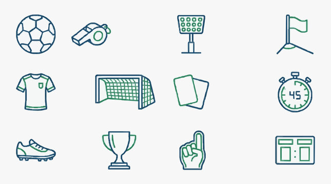 Modern Minimalist Line Drawing Icons of Soccer Sports Equipment and Elements in Blue and Green Colors