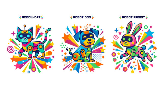 Set of colorful cartoon robot cat dog and rabbit characters.