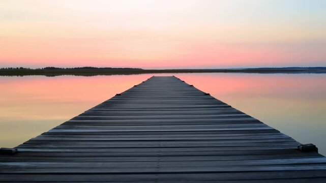 serene sunset reflection on wooden pier at lakeside or riverbank with pink and orange hues in the water and sky, fixed wide-angle perspective, nature scenes, travel destinations, relaxation.