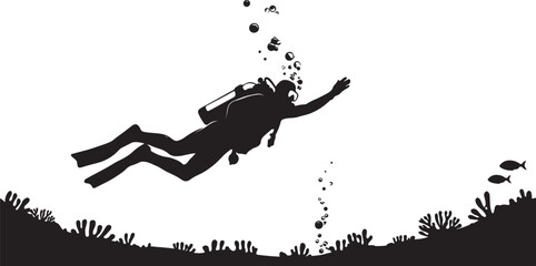a scuba diver swimming underwater with bubbles rising. Silhouette vector illustration © Hasho 