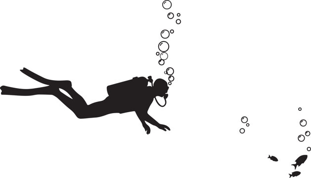 a scuba diver swimming underwater with bubbles rising. Silhouette vector illustration
