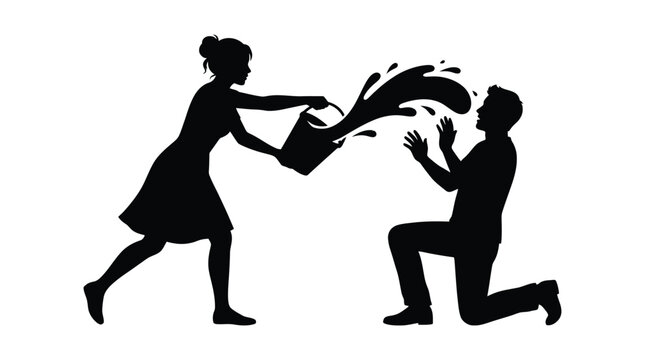 Woman throwing water at kneeling man black silhouette figure people splash gesture