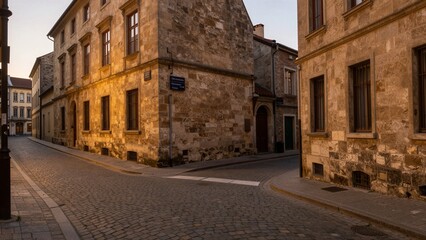 Fototapeta premium Sunlight hits historic stone buildings on a winding cobblestone street. The warm glow illuminates the texture of the walls and the empty, peaceful European alleyway.