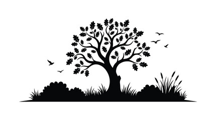 Oak Tree With Birds And Grasses Silhouette foliage leaves branches trunk grass © shamim